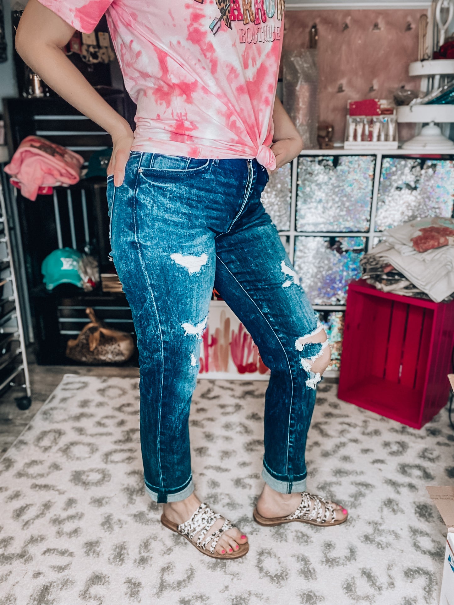 Carrie Dark Acid Wash Distressed Mom Jeans