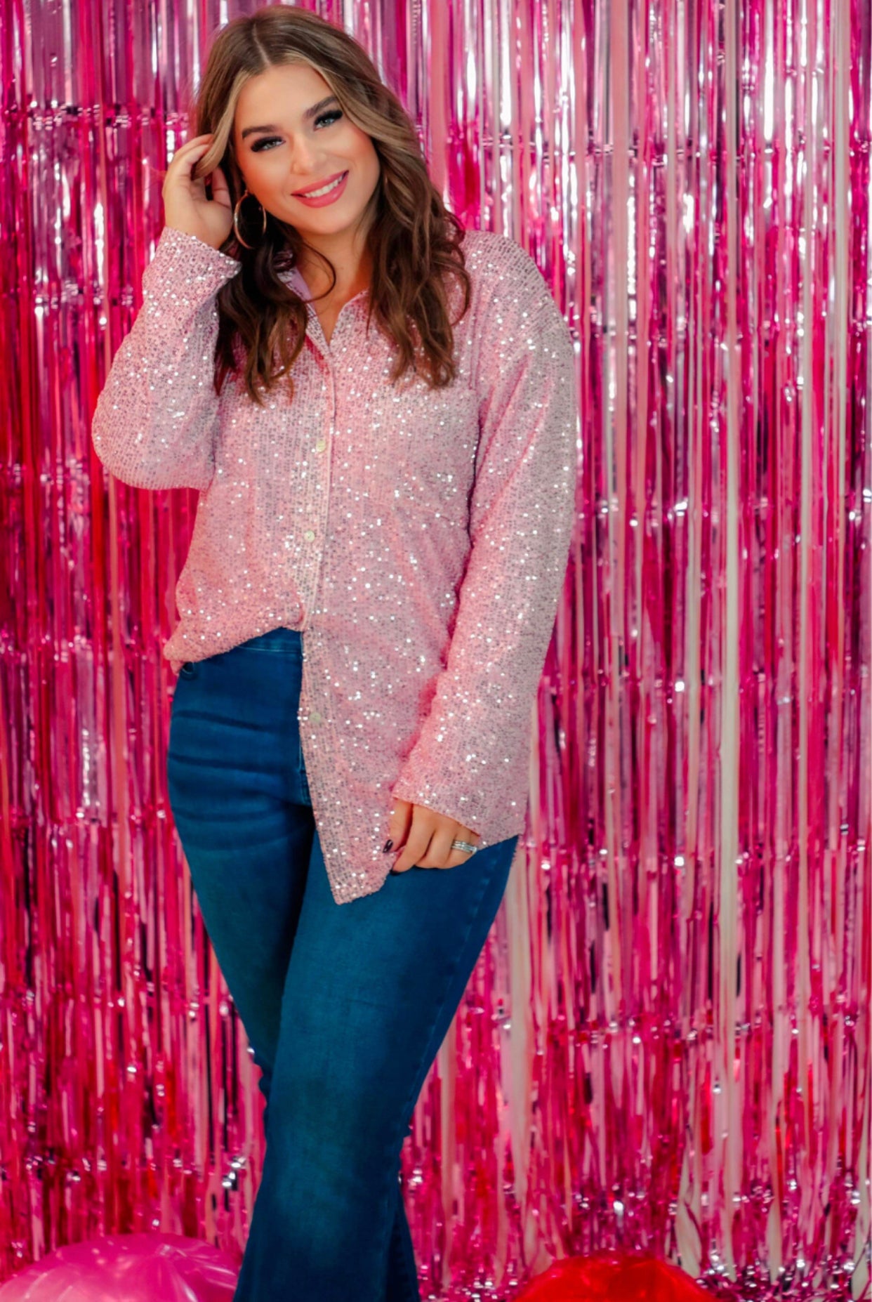 Attention Seeker Sequin Button Up - Pink
