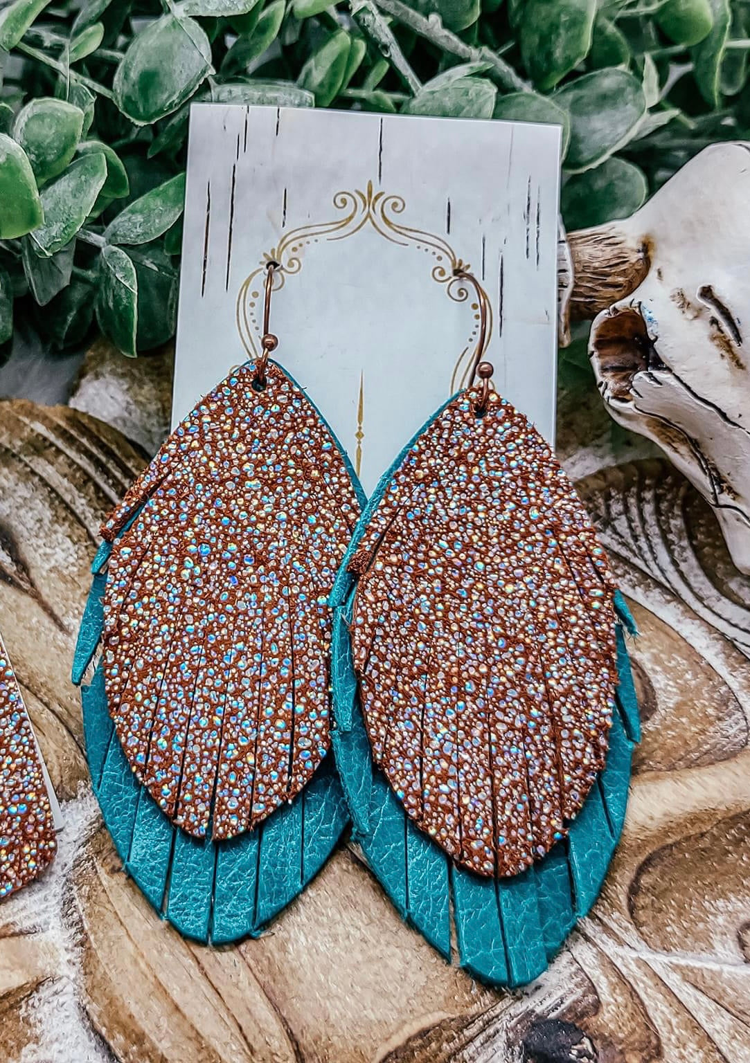 Double Stacked Fringe Feather Turquoise Sparkle Earrings